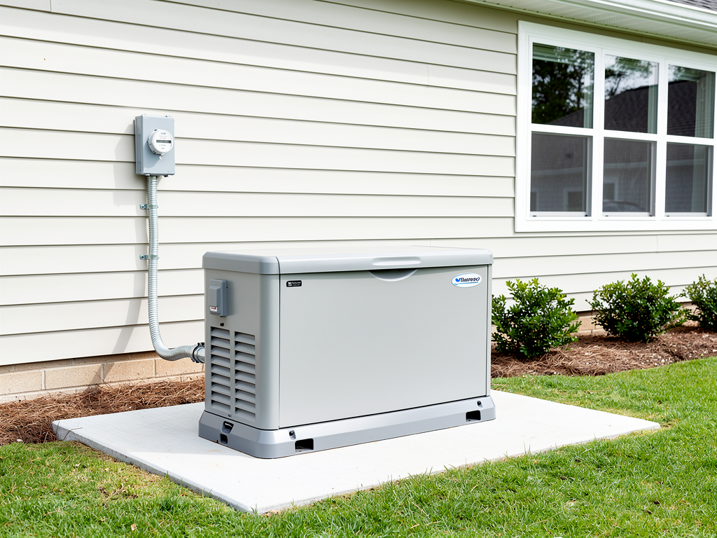 A newly installed whole-home standby generator beside a residential home in bright daylight