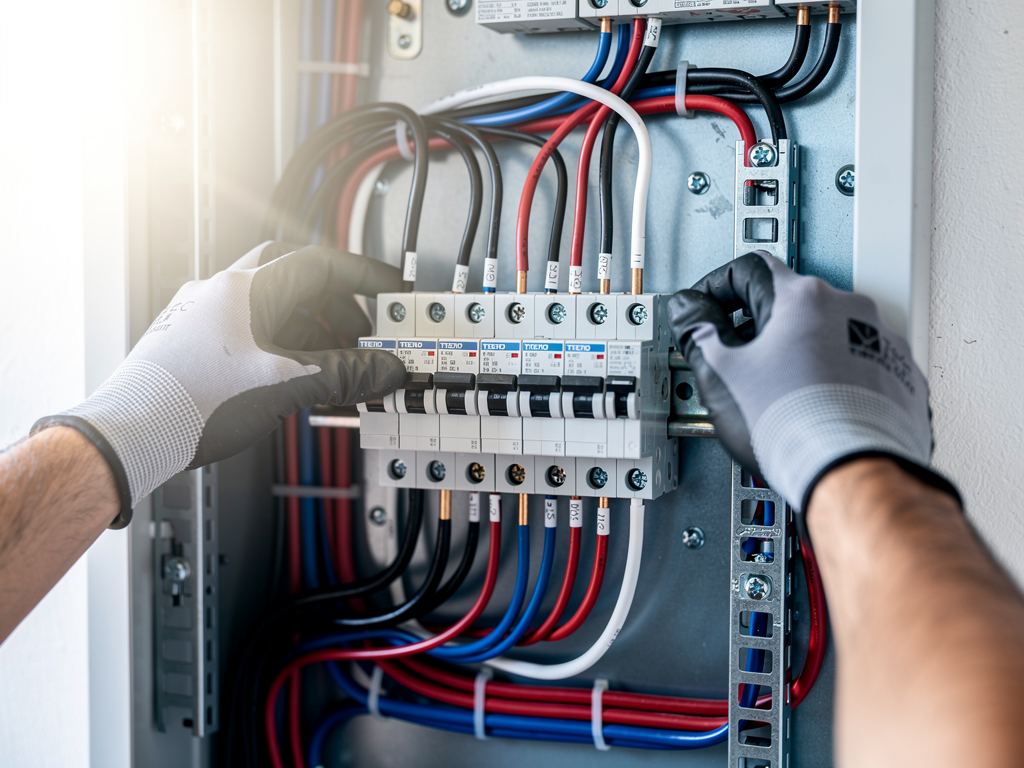 An electrician's gloved hands labeling breakers inside an open residential load center in bright light
