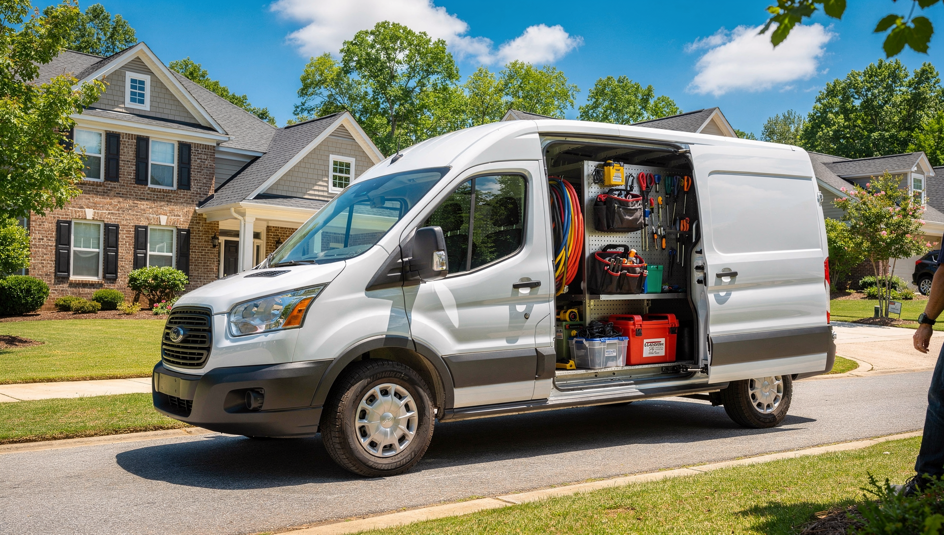 A clean white electrician work van with organized tools parked on a sunny suburban street